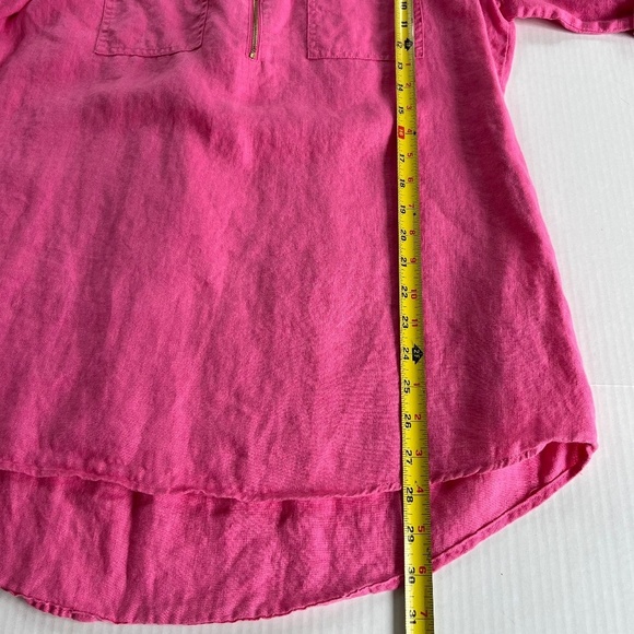 ELLEN TRACY Roll Tab Sleeve Linen Tunic Hot Pink V Neck Blouse Pockets Size M - Picture 8 of 9
